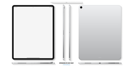 tablet mockup in silver color with blank screen front, back and side on white background. stock vector illustration eps10のイラスト素材
