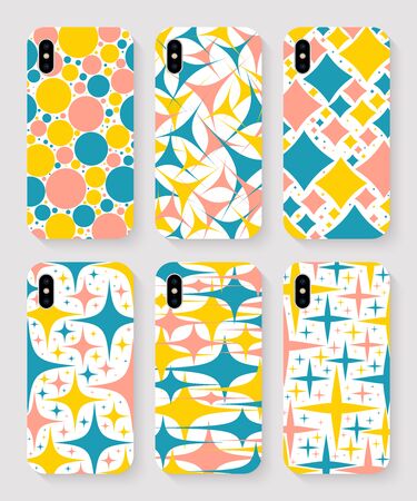 set of smartphone cases with colored print top view on grey background. stock vector illustrationのイラスト素材