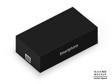 box black color with barcode and shadow for packaging your product isolated on white background. realistic and detailed mockup. stock vector 3d illustrationのイラスト素材