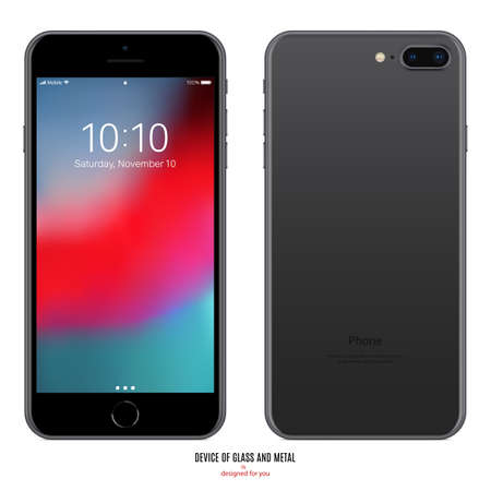 smartphone black matte color with colored screen saver front and back side view isolated on white background. stock vector illustration eps10のイラスト素材