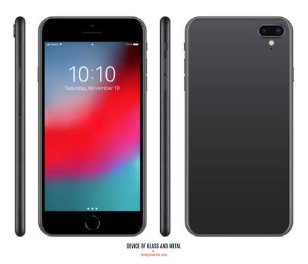 smartphone black matte color with colored screen front, back and side view isolated on white background. stock vector illustration eps10のイラスト素材