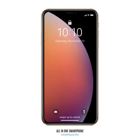 smartphone gold color with colorful screen saver front view isolated on white background. realistic and detailed mobile phone. stock vector illustration eps10のイラスト素材