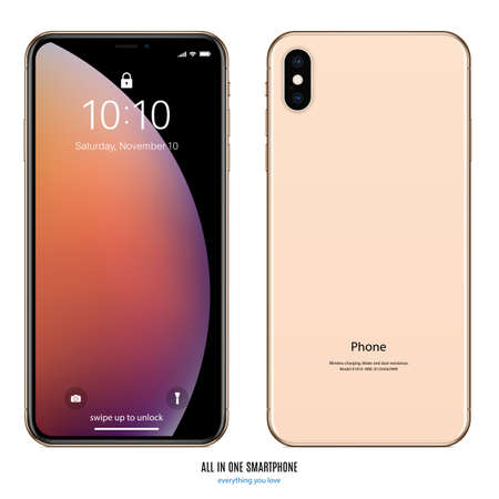 smartphone gold color with colored screen saver front and back isolated on white background. realistic and detailed mobile phone mockup. stock vector illustration eps10のイラスト素材