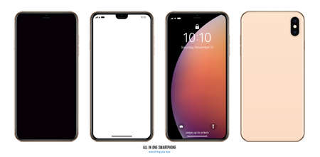 mockup of smartphone gold color with blank, black, colorful, screen saver front and back view isolated on white background. realistic and detailed mobile phone mockup. stock vector illustrationのイラスト素材