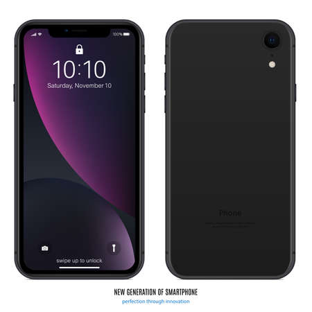 smartphone black color with colorful screen saver front and back side view isolated on white background. realistic and detailed mobile phone mockup. stock vector illustrationのイラスト素材