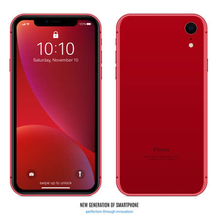 smartphone red color with colorful screen saver front and back side view isolated on white background. realistic and detailed mobile phone mockup. stock vector illustrationのイラスト素材
