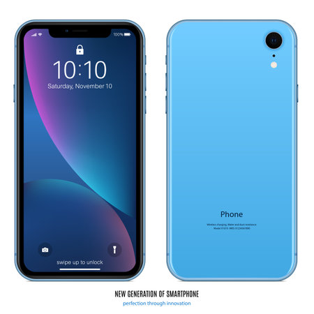 smartphone blue color with colorful screen saver front and back side view isolated on white background. realistic and detailed mobile phone mockup. stock vector illustrationのイラスト素材