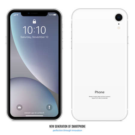 smartphone silver color with colorful screen saver front and back side view isolated on white background. realistic and detailed mobile phone mockup. stock vector illustrationのイラスト素材