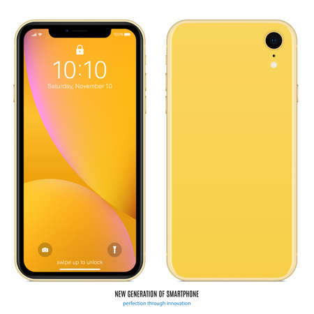 smartphone yellow color with colorful screen saver front and back side view isolated on white background. realistic and detailed mobile phone mockup. stock vector illustrationのイラスト素材