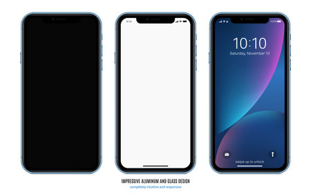 smartphone blue color with black, blank and colored touchscreen saver front view isolated on white background. realistic and detailed mobile phone mockup. stock vector illustrationのイラスト素材