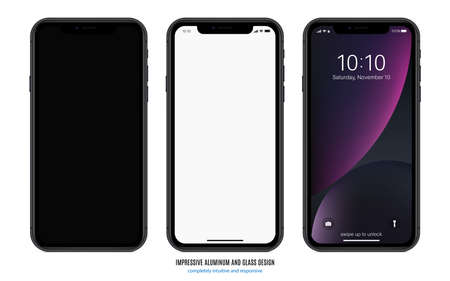 smartphone black matte color with black, blank and colored touchscreen saver front view isolated on white background. realistic and detailed mobile phone mockup. stock vector illustrationのイラスト素材