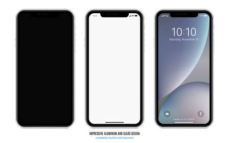 smartphone silver color with black, blank and colored touchscreen saver front view isolated on white background. realistic and detailed mobile phone mockup. stock vector illustrationのイラスト素材