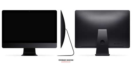 mockup of computer monitor black color with black screen front, back and side view isolated on white background. stock vector illustration eps10のイラスト素材