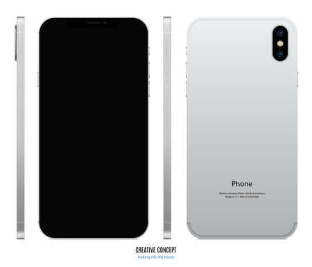 smartphone silver color with black screen saver front, back and side view isolated on white background. realistic and detailed mobile phone mockup. stock vector illustrationのイラスト素材