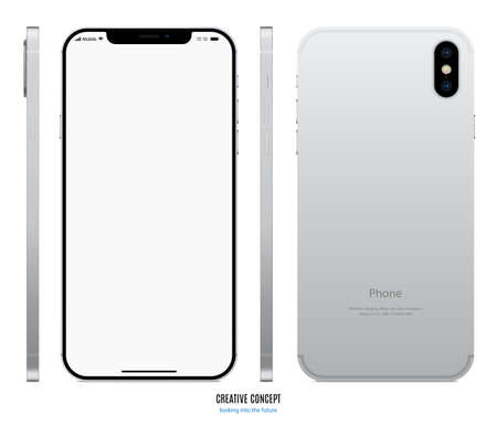 smartphone silver color with blank screen saver front, back and side view isolated on white background. realistic and detailed mobile phone mockup. stock vector illustrationのイラスト素材