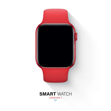 smart watch in an aluminum case with silicone band flat lay isolated on white background. top view red wrist clock with black touch screen and sports strap. stock vector illustrationのイラスト素材