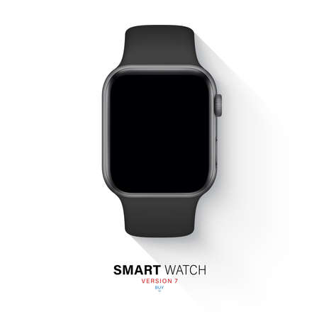 smart watch in an aluminum case with silicone band flat lay isolated on white background. top view gray wrist clock with black touch screen and sports strap. stock vector illustrationのイラスト素材