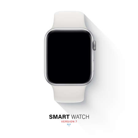 smart watch in an aluminum case with silicone band flat lay isolated on white background. top view silver wrist clock with black touch screen and sports strap. stock vector illustrationのイラスト素材