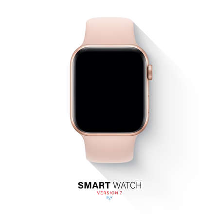 smart watch in an aluminum case with silicone band flat lay isolated on white background. top view pink wrist clock with black touch screen and sports strap. stock vector illustrationのイラスト素材