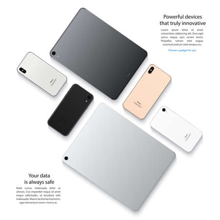 mockup devices of smartphones and tablets back side top view isolated on white background. stock vector illustrationのイラスト素材