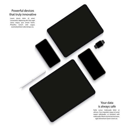 devices mockup of smartphones, tablets and smart watch with black screen top view isolated on white background. stock vector illustrationのイラスト素材