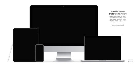 mockup devices and gadgets of stylus, mouse, smartphone, tablet, laptop and computer monitor with black screen isolated on white background. stock vector illustrationのイラスト素材