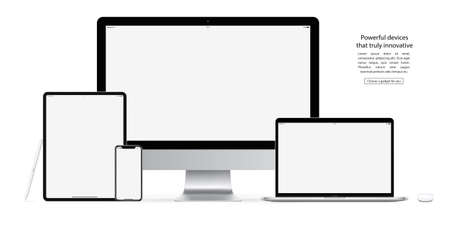 mockup devices and gadgets of stylus, mouse, smartphone, tablet, laptop and computer monitor with blank screen isolated on white background. stock vector illustrationのイラスト素材
