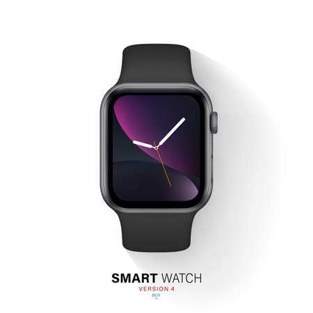 smart watch in an aluminum case with silicone band flat lay isolated on white background. top view gray wrist clock with colorful touch screen and sports strapのイラスト素材