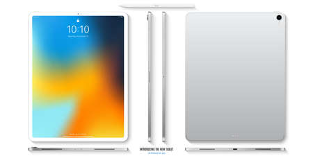 mockup of tablet silver color with colored screen saver front, back and side view isolated on white background. stock vector illustration eps10のイラスト素材