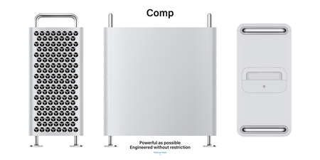 personal computer system unit silver color isolated on white background. realistic and detailed mockup view from three sides. stock vector illustrationのイラスト素材