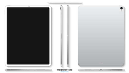 tablet silver color with black touch screen saver and stylus with shadow top view isolated on white background. realistic and detailed device mockup. stock vector illustrationのイラスト素材