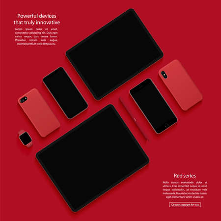 smartphones, tablets, smart watch and stylus set with black screen saver top view isolated on red background. realistic and detailed devices mockup. stock vector illustrationのイラスト素材