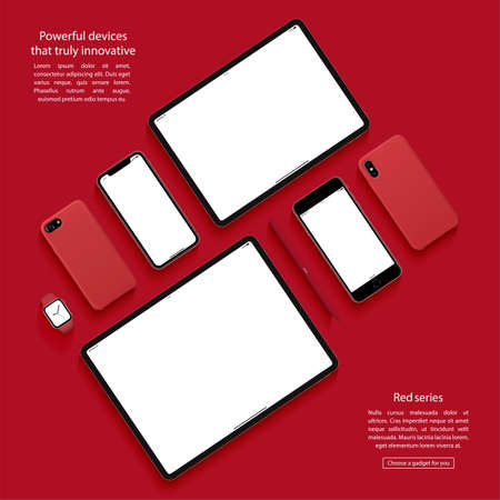 smartphones, tablets, smart watch and stylus set with blank screen saver top view isolated on red background. realistic and detailed devices mockup. stock vector illustrationのイラスト素材