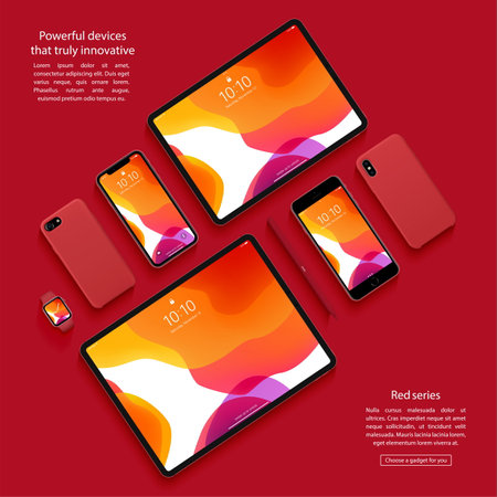 smartphones, tablets, smart watch and stylus set with colored screen saver top view isolated on red background. realistic and detailed devices mockup. stock vector illustrationのイラスト素材