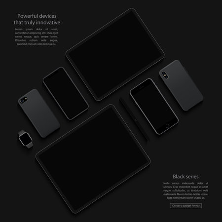 smartphones, tablets, smart watch and stylus set with touch screen saver top view isolated on black background. realistic and detailed devices mockup. stock vector illustrationのイラスト素材