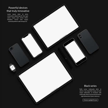 smartphones, tablets, smart watch and stylus set with blank screen saver top view isolated on black background. realistic and detailed devices mockup. stock vector illustrationのイラスト素材