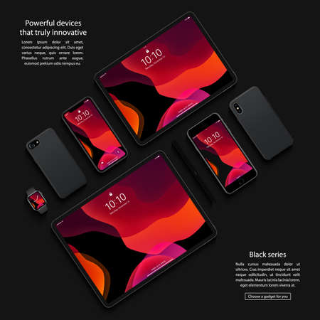 smartphones, tablets, smart watch and stylus set with colorful screen saver top view isolated on black background. realistic and detailed devices mockup. stock vector illustrationのイラスト素材
