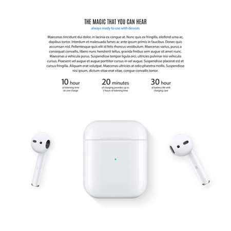 wireless headphones and charging case with shadow top view isolated on the white background. realistic and detailed devices mockup. stock vector illustrationのイラスト素材