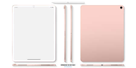 tablet rose gold color with blank touch screen front, back and side flat lay isolated on white background. detailed and realistic mockup. stock vector illustrationのイラスト素材