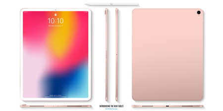 tablet rose gold color with colored touch screen front, back and side view flat lay isolated on white background. detailed and realistic mockup. stock vector illustrationのイラスト素材