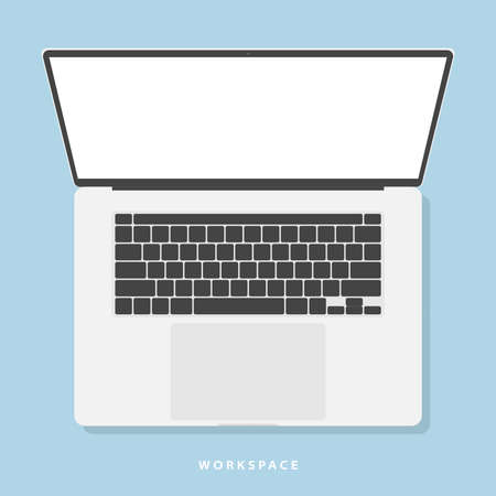 laptop icon in flat style design with keyboard and touchpad top view with shadow on blue background. notebook mockup. stock vector illustrationのイラスト素材