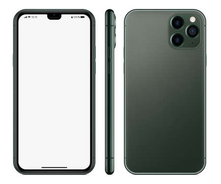 smartphone frameless green color with blank touch screen saver front, back and side view isolated on white background. realistic and detailed mobile phone mockup. stock vector illustrationのイラスト素材
