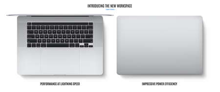 laptop with touchpad and keyboard silver color top view isolated on white background. flat lay detailed and realistic notebook mockupのイラスト素材