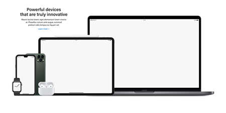 smartphone, tablet, laptop, smartwatch, headphones and stylus isolated on white background. detailed and realistic device and gadget mockup. stock vector illustrationのイラスト素材