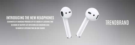 wireless earphones white color isolated on gray background. headphones for tablets and smarphones. detailed and realistic gadgets mockup. stock vector 3d illustrationのイラスト素材