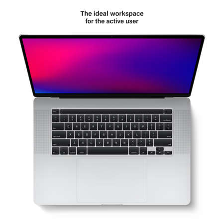 laptop with keyboard and touchpad silver color and colored screen top view isolated on white background. flat lay realistic and detailed notebook mockup. stock vector 3d illustrationのイラスト素材