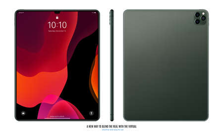 tablet green color with colorful touch screen front, back and side view with shadow isolated on white background. detailed and realistic mockup. stock vector illustrationのイラスト素材