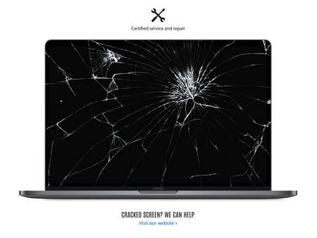 laptop with cracked screen for repair service isolated on white background. realistic and detailed broken notebook with shadow. stock vector illustrationのイラスト素材