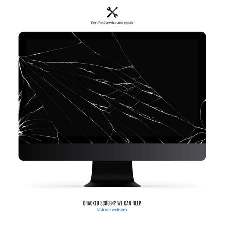 computer monitor with cracked screen for advertising repair services isolated on white background. realistic and detailed broken display with shadow. stock vector illustrationのイラスト素材