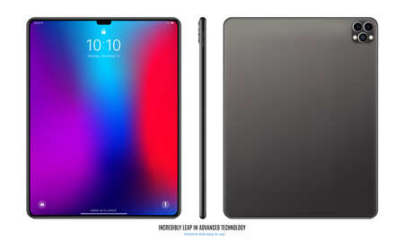 tablet gray color with colorful touch screen saver isolated on white background. realistic and detailed device mockup. stock vector illustrationのイラスト素材
